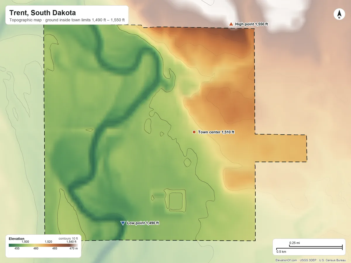 Topographic elevation map of Trent, South Dakota, shaded from 1,490 ft on the southwest side to 1,550 ft on the north side