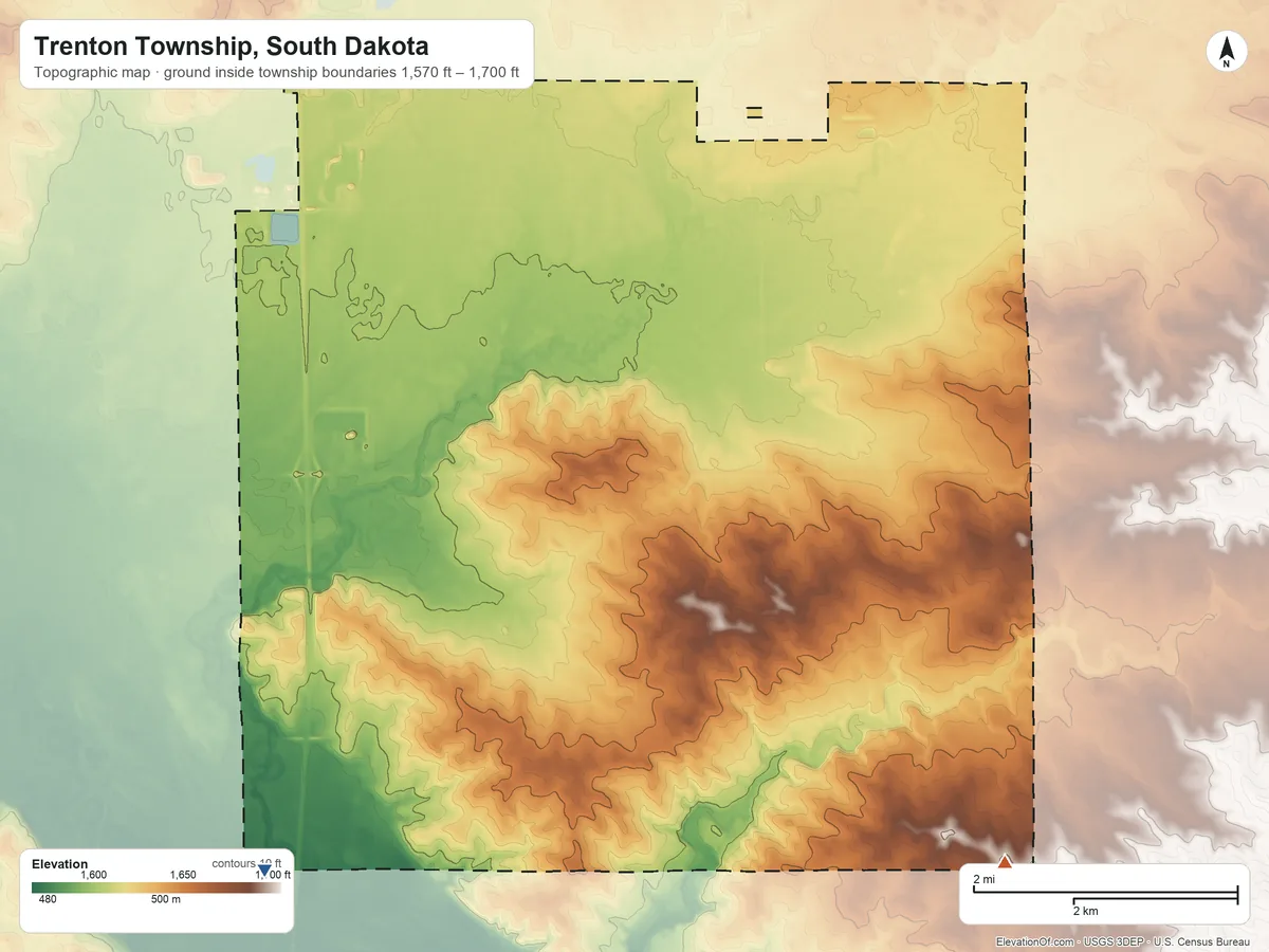 Topographic elevation map of Trenton Township, South Dakota, shaded from 1,570 ft on the southwest side to 1,700 ft on the southeast side