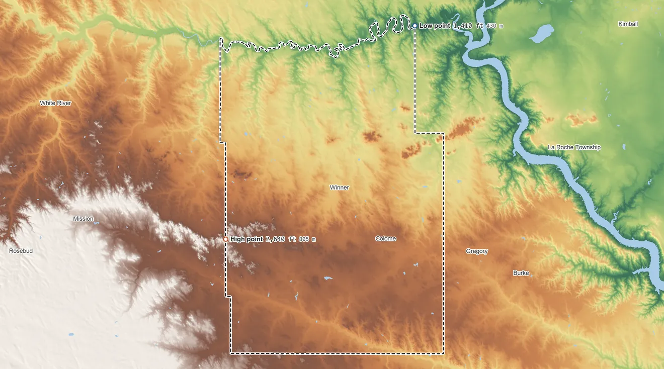 Topographic elevation map of Tripp County, South Dakota, shaded from 1,410 ft on the northeast side to 2,640 ft on the southwest side