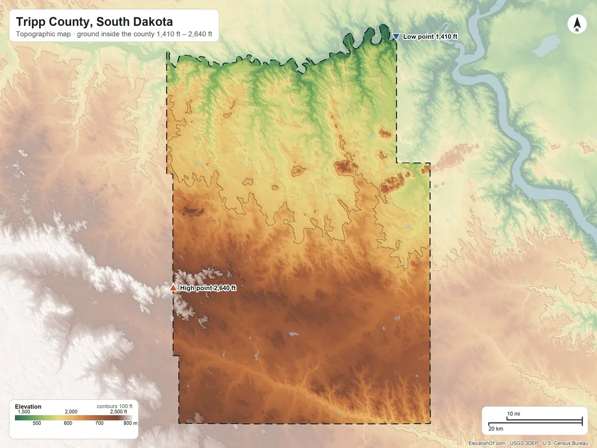 Topographic elevation map of Tripp County, South Dakota, shaded from 1,410 ft on the northeast side to 2,640 ft on the southwest side