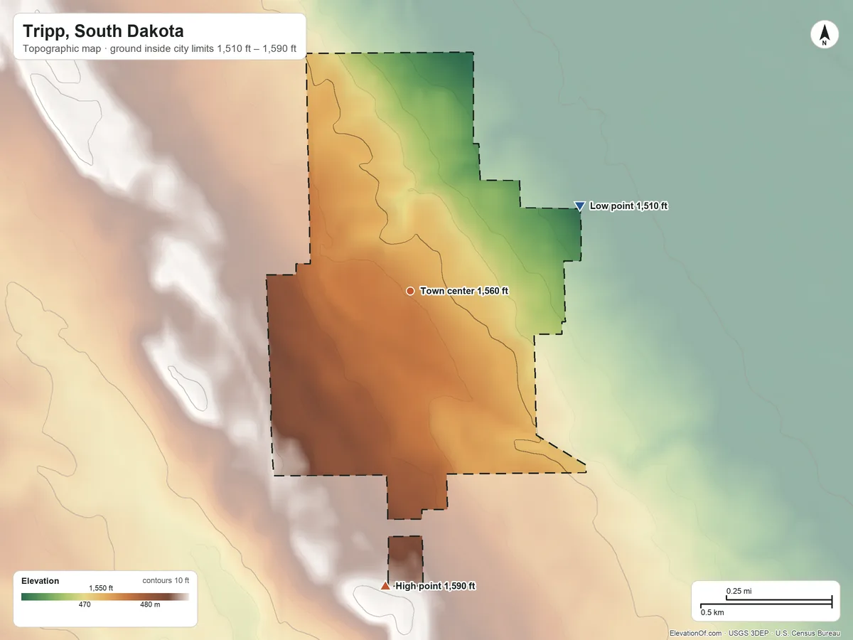 Topographic elevation map of Tripp, South Dakota, shaded from 1,510 ft on the northeast side to 1,590 ft on the south side
