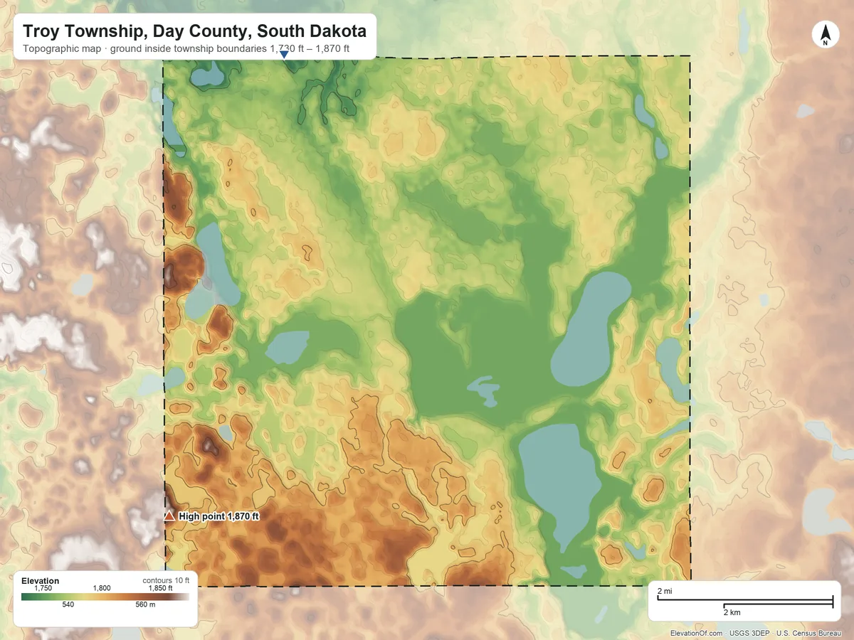 Topographic elevation map of Troy Township, Day County, South Dakota, shaded from 1,730 ft on the north side to 1,870 ft on the southwest side