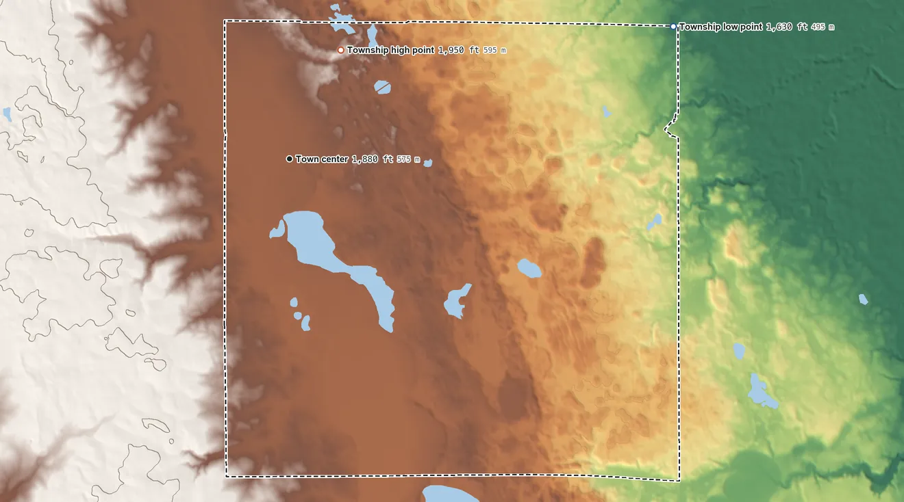 Topographic elevation map of Troy Township, South Dakota, shaded from 1,630 ft on the east side to 1,950 ft on the northeast side