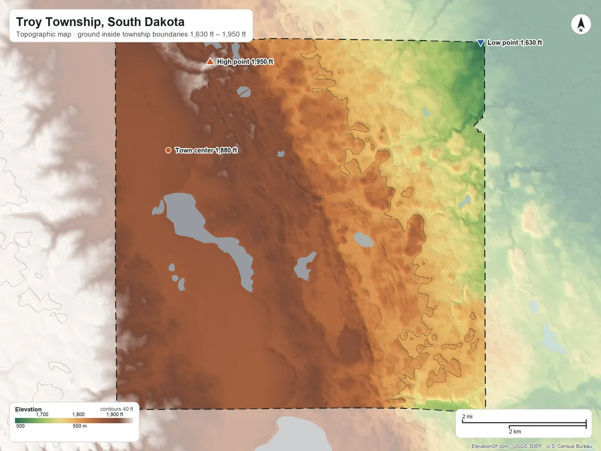 Topographic elevation map of Troy Township, South Dakota, shaded from 1,630 ft on the east side to 1,950 ft on the northeast side