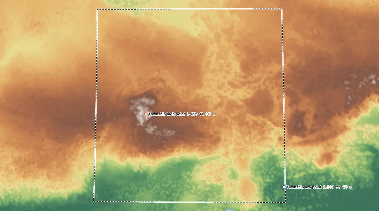 Topographic elevation map of Truro Township, South Dakota, shaded from 1,560 ft on the southeast side to 1,690 ft on the southwest side