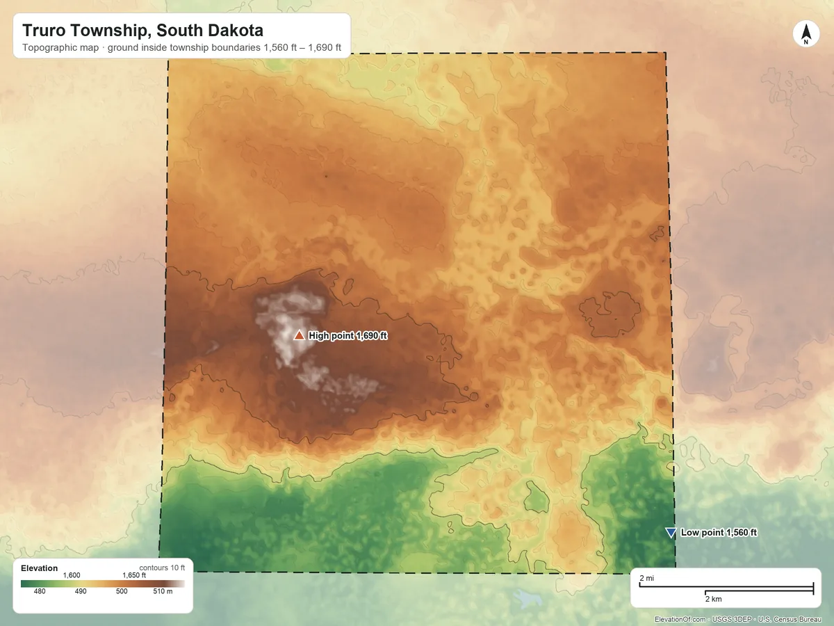 Topographic elevation map of Truro Township, South Dakota, shaded from 1,560 ft on the southeast side to 1,690 ft on the southwest side
