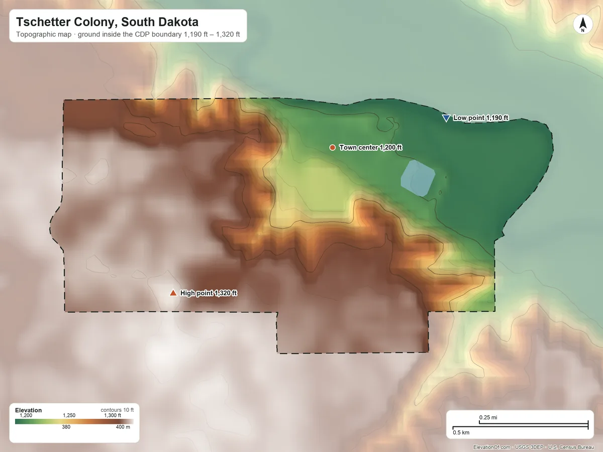 Topographic elevation map of Tschetter Colony, South Dakota, shaded from 1,190 ft on the east side to 1,320 ft on the southwest side
