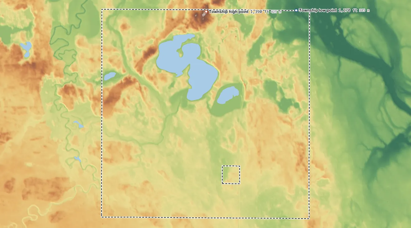 Topographic elevation map of Tulare Township, South Dakota, shaded from 1,270 ft on the northeast side to 1,390 ft on the north side