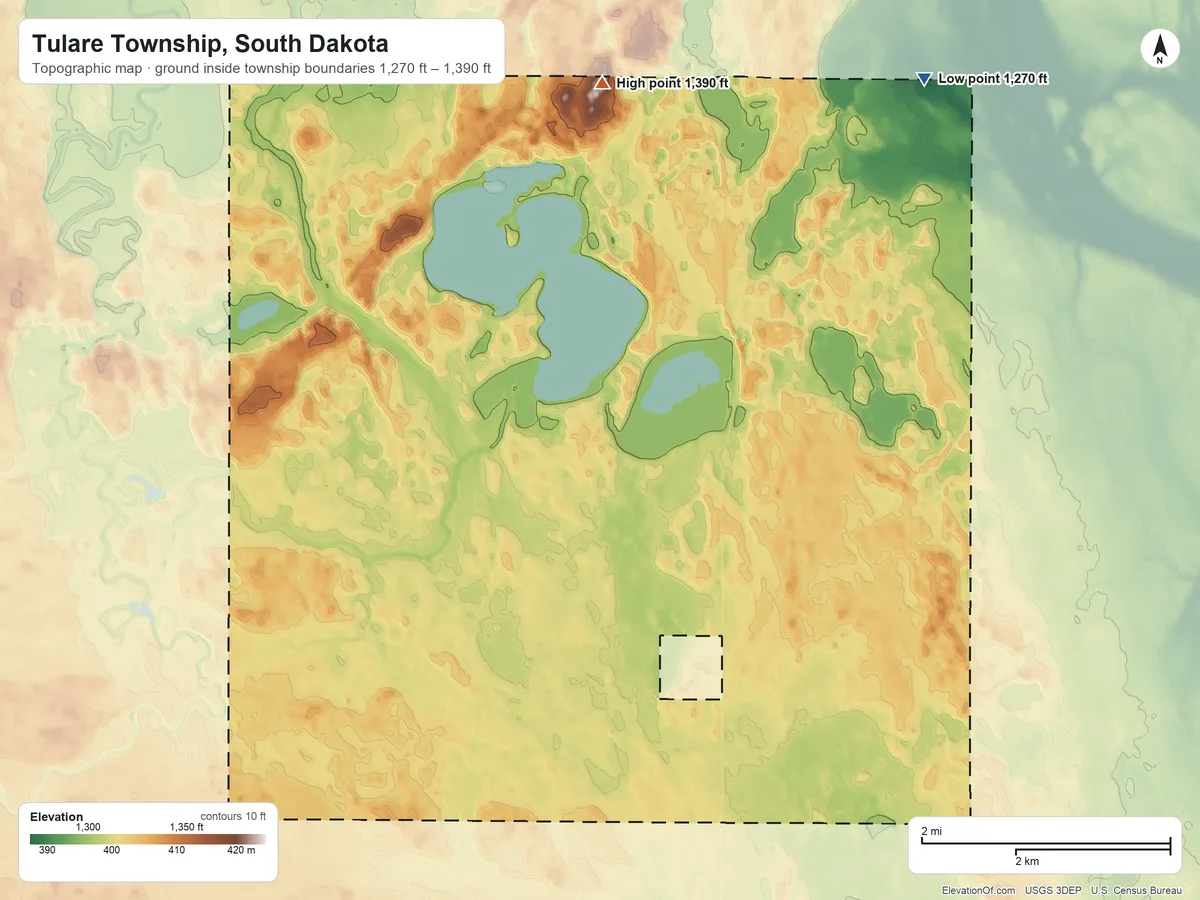 Topographic elevation map of Tulare Township, South Dakota, shaded from 1,270 ft on the northeast side to 1,390 ft on the north side