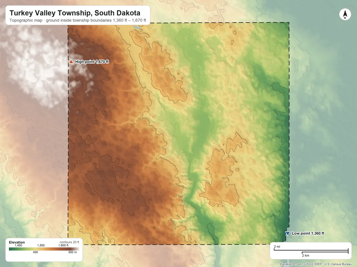 Topographic elevation map of Turkey Valley Township, South Dakota, shaded from 1,360 ft on the southeast side to 1,670 ft on the northwest side