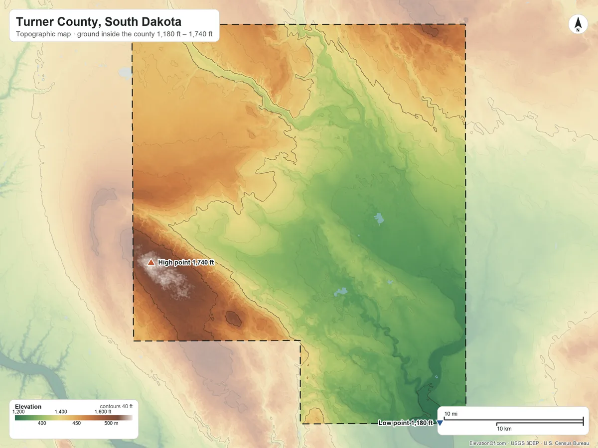 Topographic elevation map of Turner County, South Dakota, shaded from 1,180 ft on the southeast side to 1,740 ft on the west side