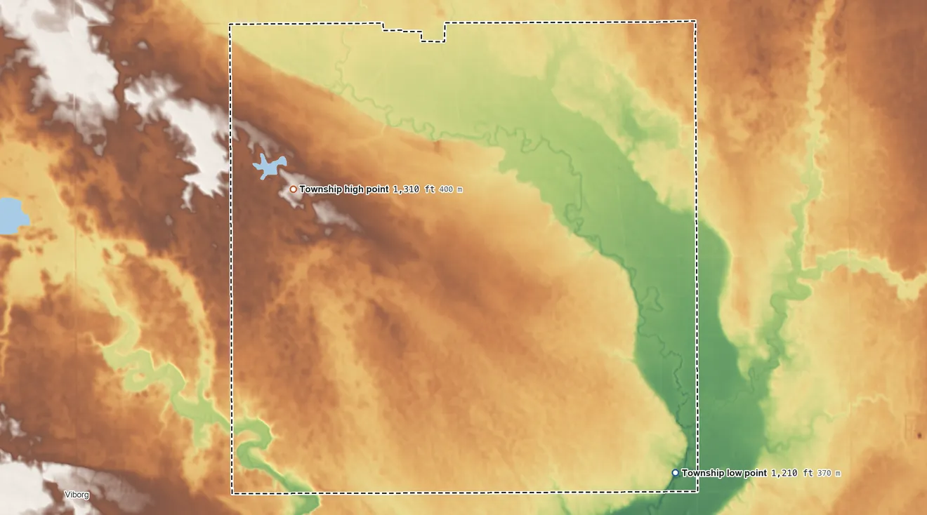 Topographic elevation map of Turner Township, South Dakota, shaded from 1,210 ft on the southeast side to 1,310 ft on the northwest side