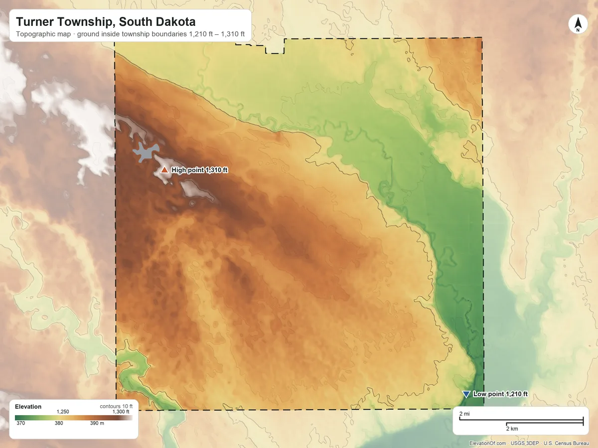 Topographic elevation map of Turner Township, South Dakota, shaded from 1,210 ft on the southeast side to 1,310 ft on the northwest side