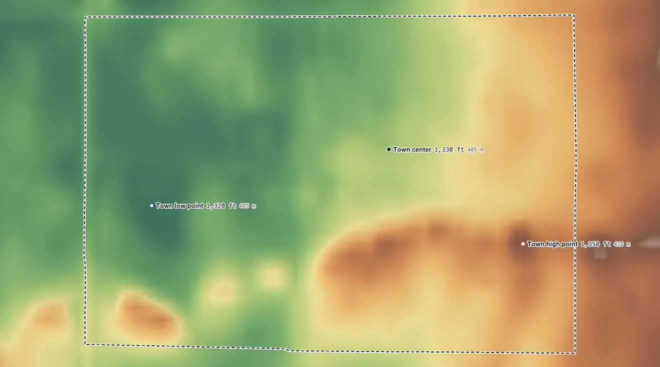 Topographic elevation map of Turton, South Dakota, shaded from 1,320 ft on the west side to 1,350 ft on the southeast side