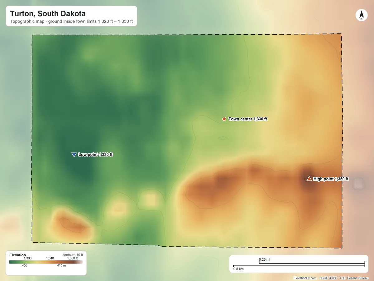 Topographic elevation map of Turton, South Dakota, shaded from 1,320 ft on the west side to 1,350 ft on the southeast side
