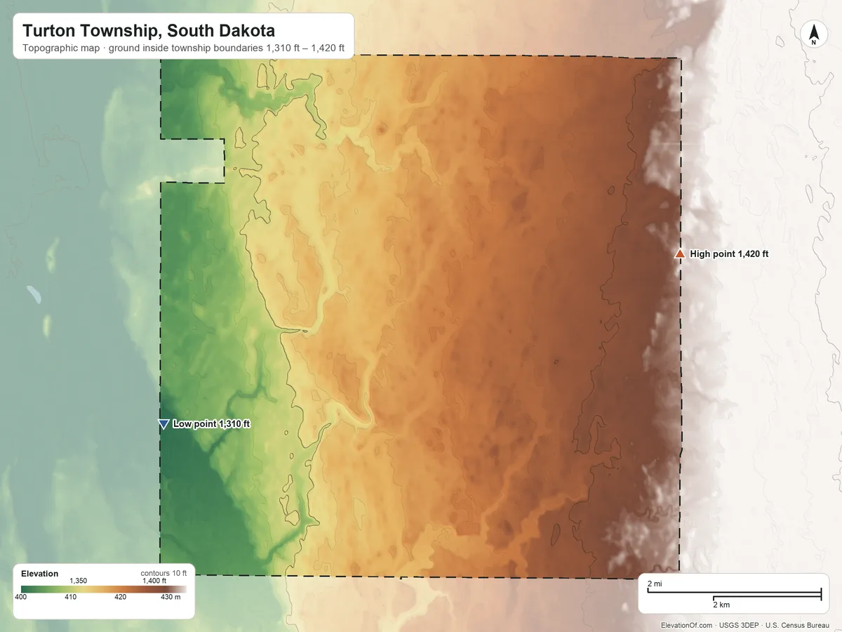 Topographic elevation map of Turton Township, South Dakota, shaded from 1,310 ft on the west side to 1,420 ft on the northeast side
