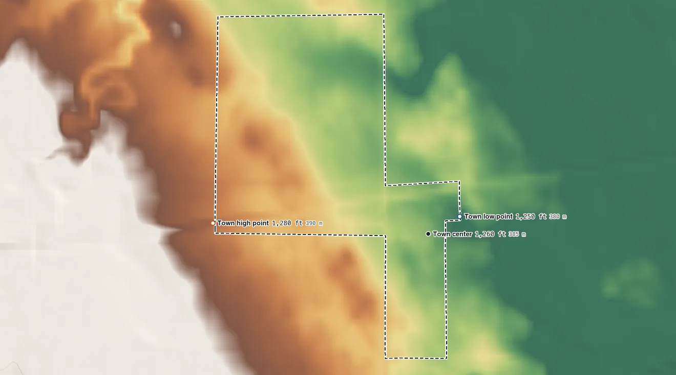 Topographic elevation map of Twin Brooks, South Dakota, shaded from 1,250 ft near the middle to 1,280 ft on the west side