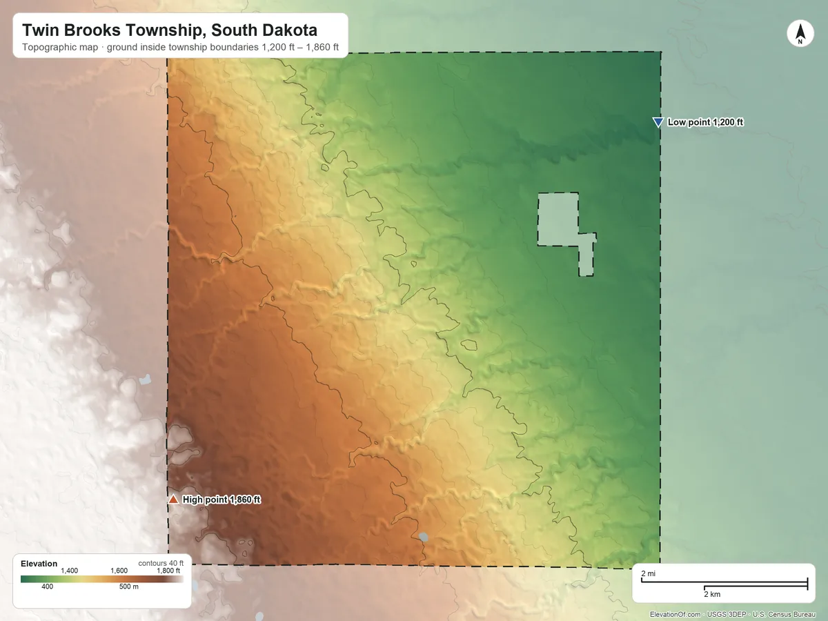 Topographic elevation map of Twin Brooks Township, South Dakota, shaded from 1,200 ft on the east side to 1,860 ft on the southwest side