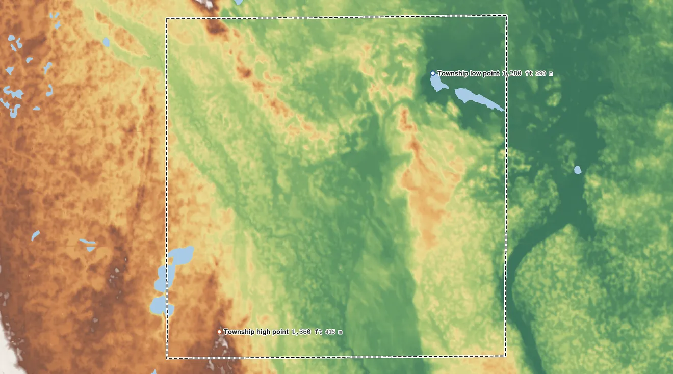 Topographic elevation map of Twin Lake Township, South Dakota, shaded from 1,280 ft on the northeast side to 1,360 ft on the southwest side