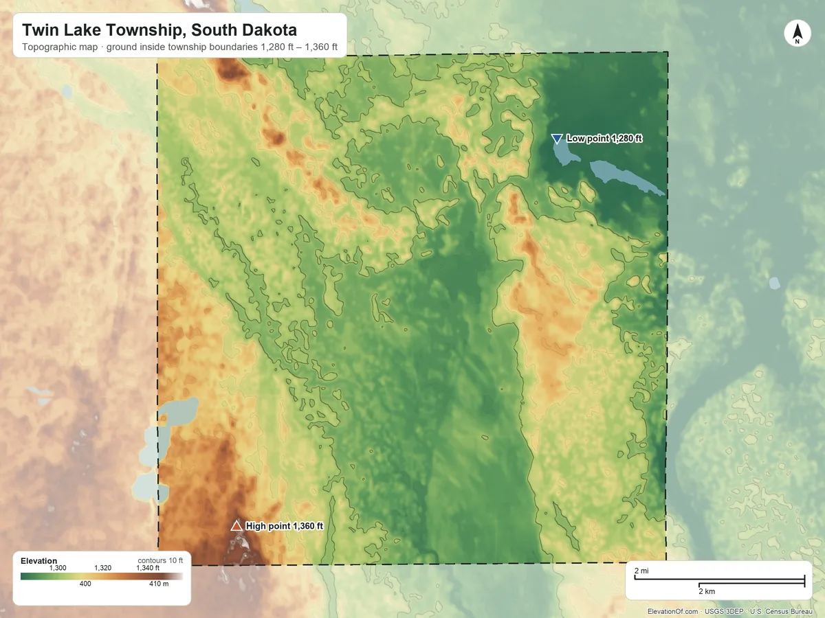 Topographic elevation map of Twin Lake Township, South Dakota, shaded from 1,280 ft on the northeast side to 1,360 ft on the southwest side