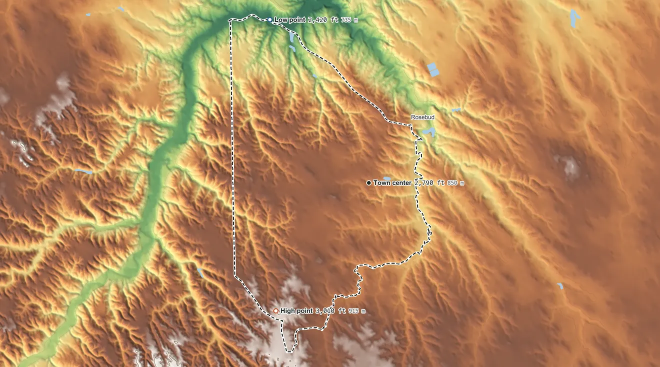 Topographic elevation map of Two Strike, South Dakota, shaded from 2,420 ft on the northwest side to 3,010 ft on the southwest side