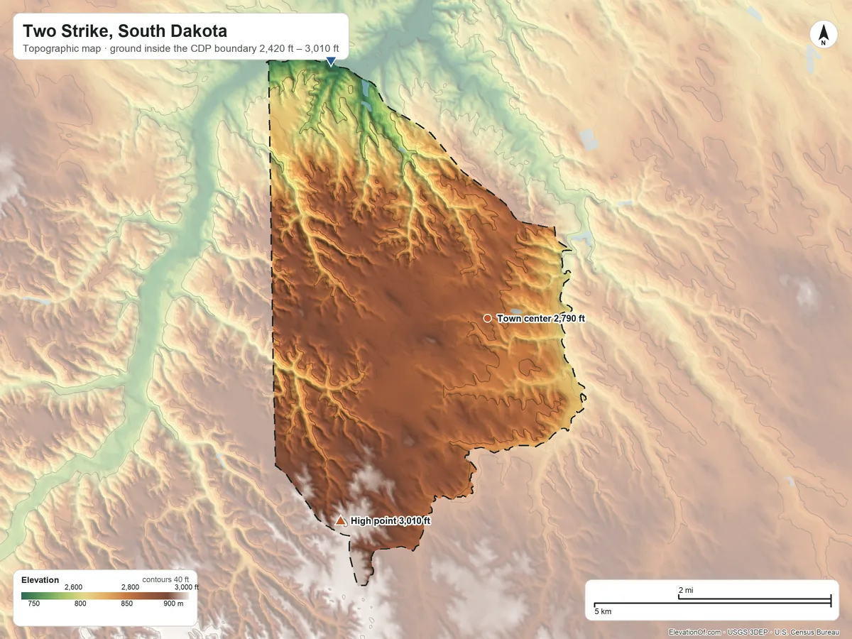 Topographic elevation map of Two Strike, South Dakota, shaded from 2,420 ft on the northwest side to 3,010 ft on the southwest side