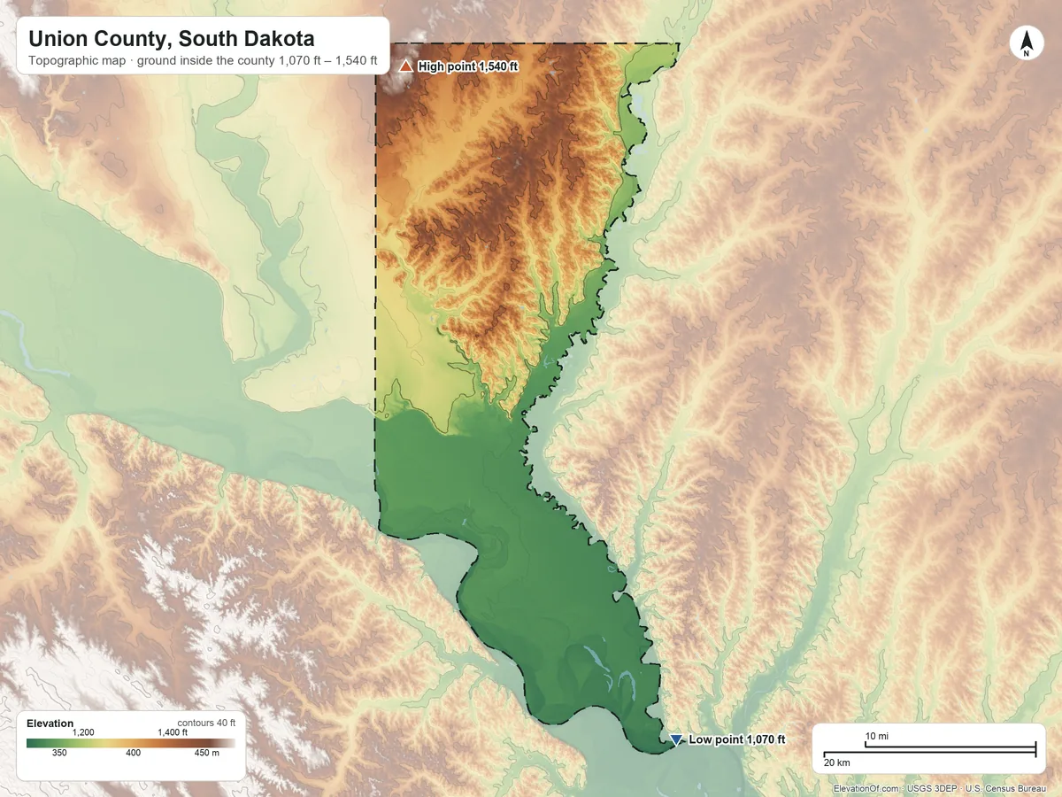 Topographic elevation map of Union County, South Dakota, shaded from 1,070 ft on the southeast side to 1,540 ft on the north side