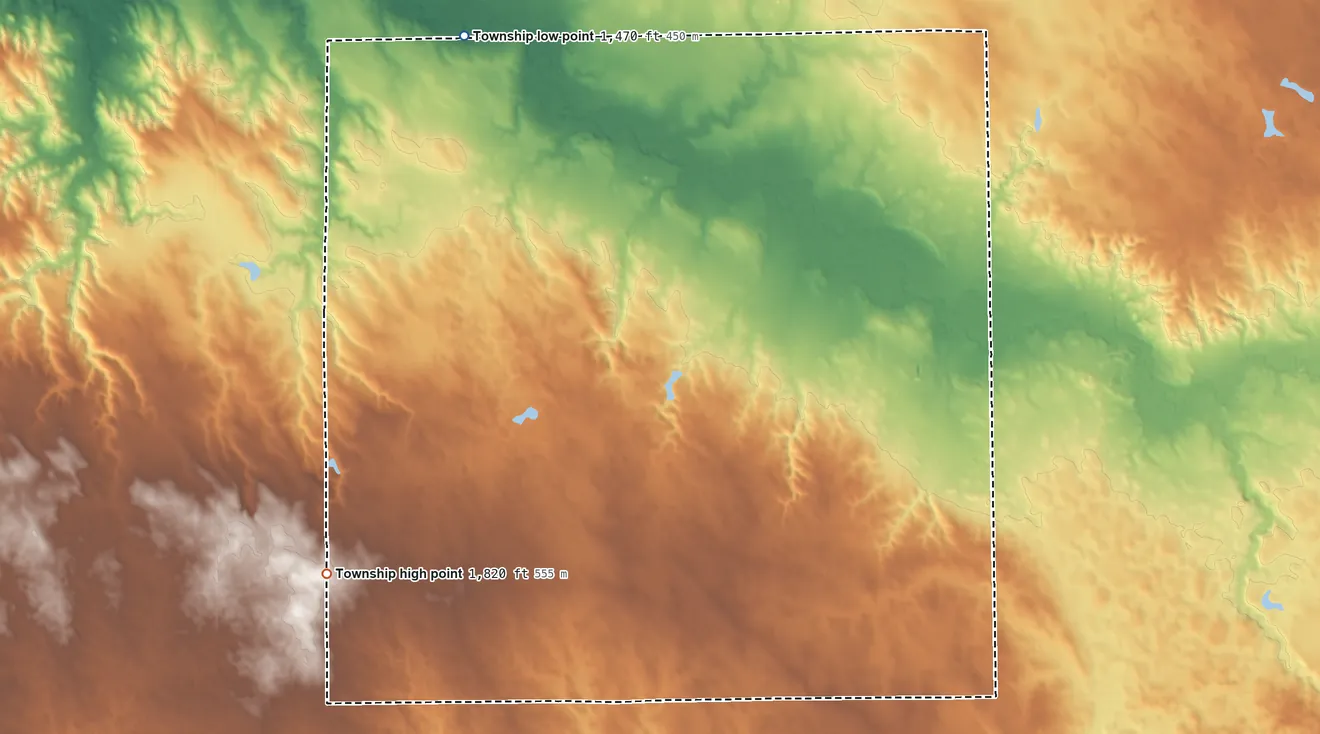 Topographic elevation map of Union Township, Brule County, South Dakota, shaded from 1,470 ft on the northwest side to 1,820 ft on the southwest side