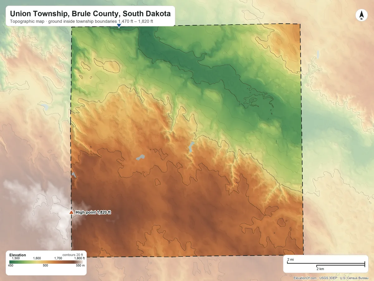 Topographic elevation map of Union Township, Brule County, South Dakota, shaded from 1,470 ft on the northwest side to 1,820 ft on the southwest side