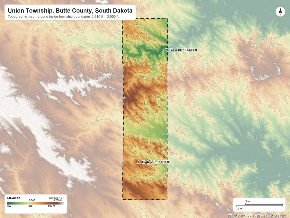 Topographic elevation map of Union Township, Butte County, South Dakota, shaded from 2,610 ft on the north side to 3,050 ft on the south side