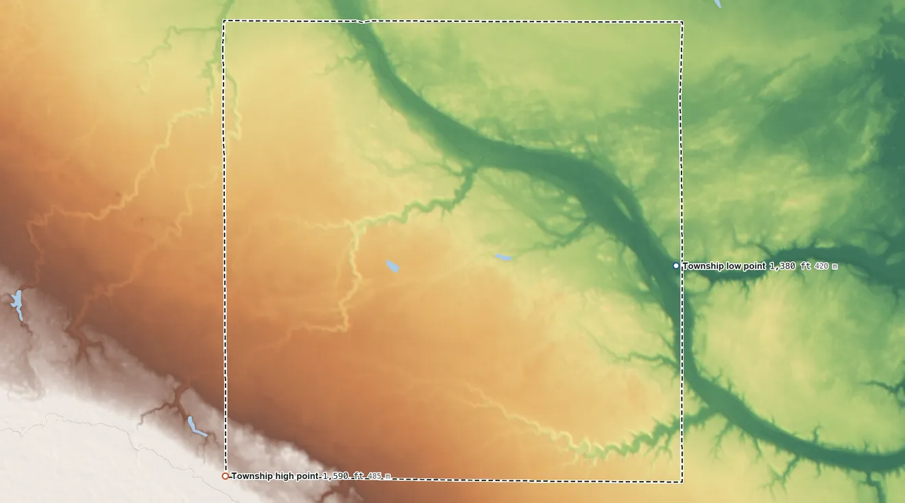 Topographic elevation map of Union Township, Davison County, South Dakota, shaded from 1,380 ft on the east side to 1,590 ft on the southwest side