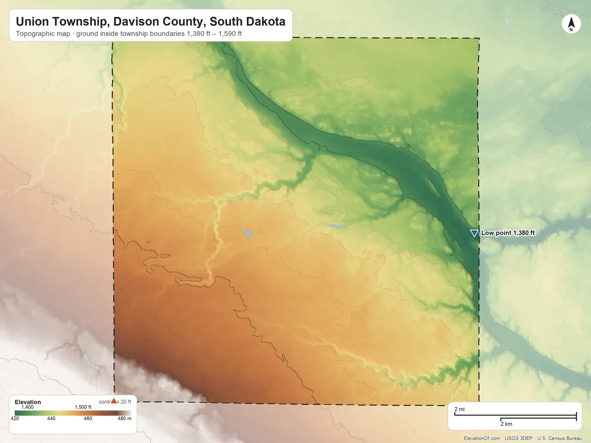 Topographic elevation map of Union Township, Davison County, South Dakota, shaded from 1,380 ft on the east side to 1,590 ft on the southwest side