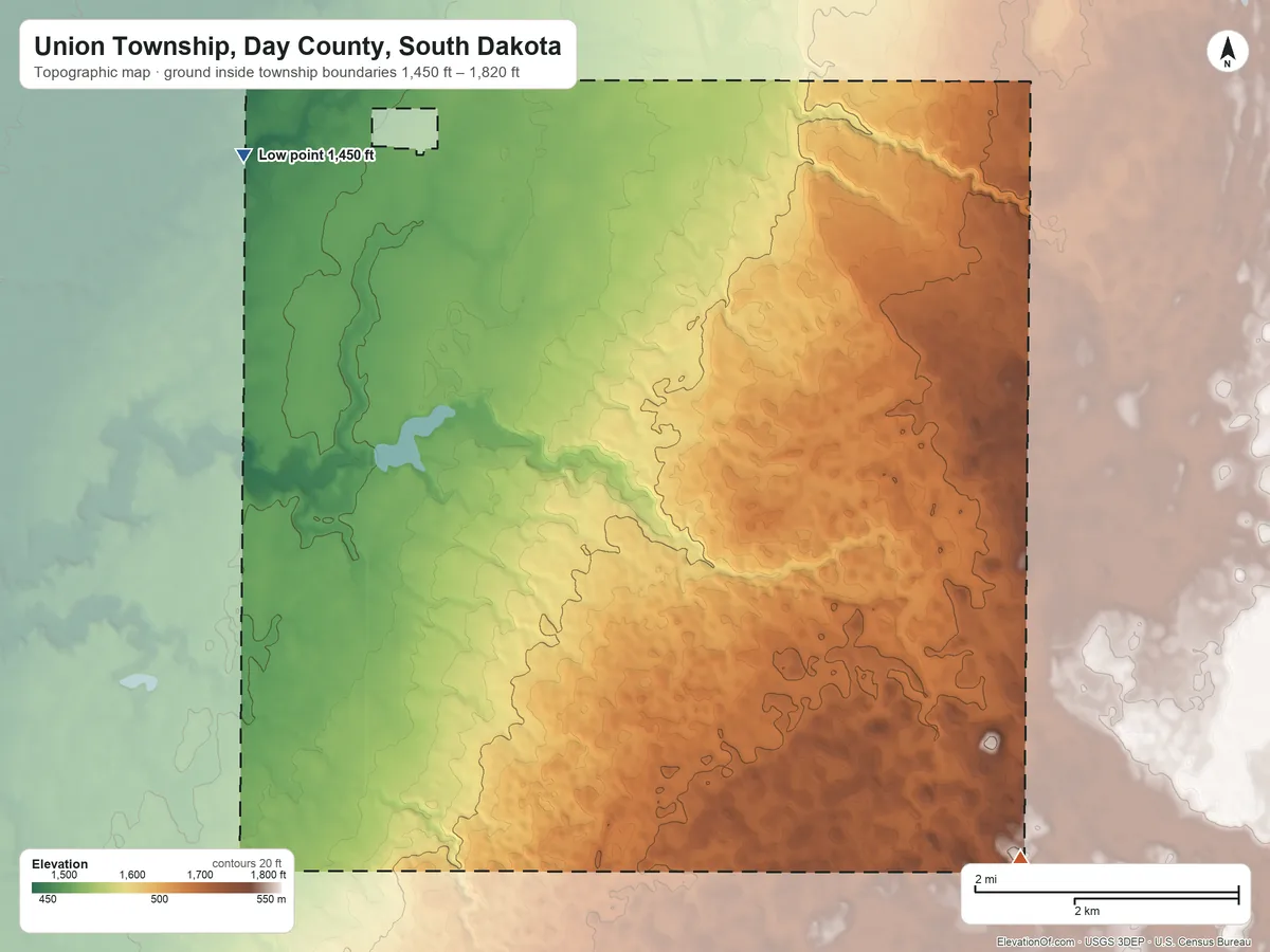 Topographic elevation map of Union Township, Day County, South Dakota, shaded from 1,450 ft on the northwest side to 1,820 ft on the southeast side
