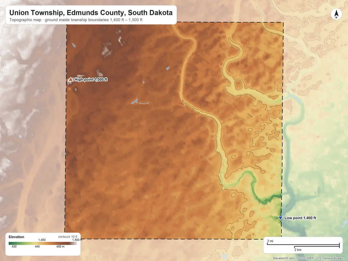 Topographic elevation map of Union Township, Edmunds County, South Dakota, shaded from 1,400 ft on the southeast side to 1,500 ft on the west side