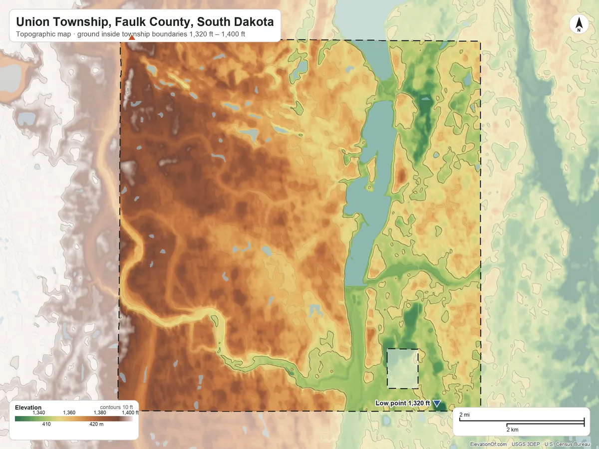 Topographic elevation map of Union Township, Faulk County, South Dakota, shaded from 1,320 ft on the southeast side to 1,400 ft on the north side