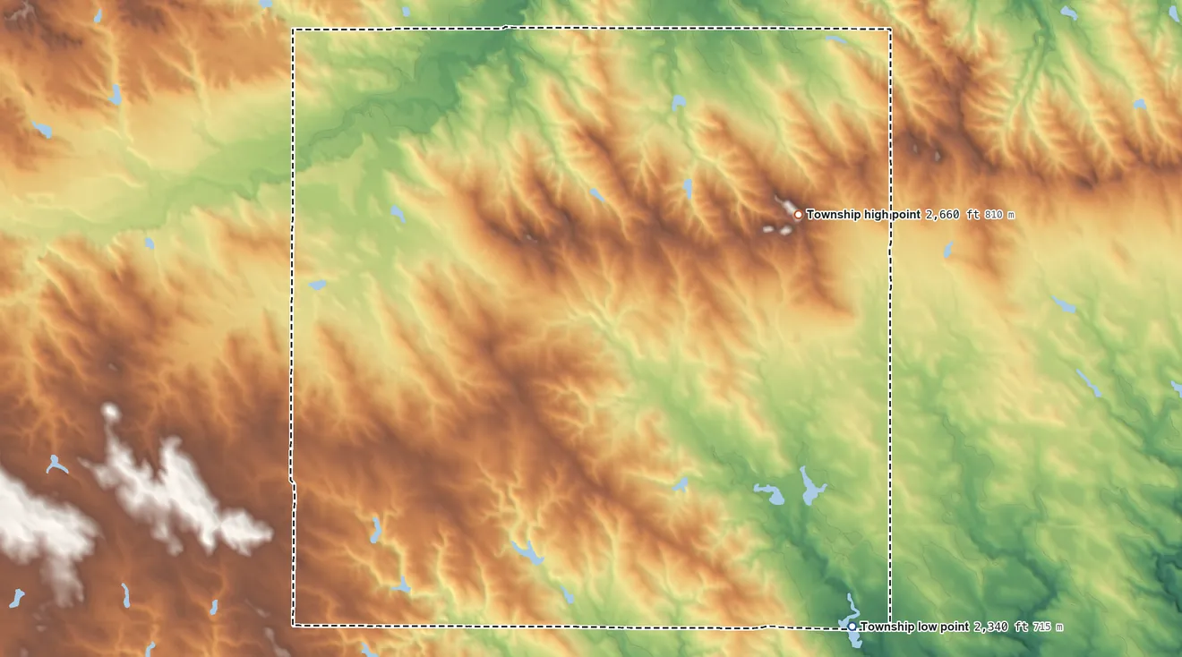 Topographic elevation map of Union Township, Meade County, South Dakota, shaded from 2,340 ft on the southeast side to 2,660 ft on the east side