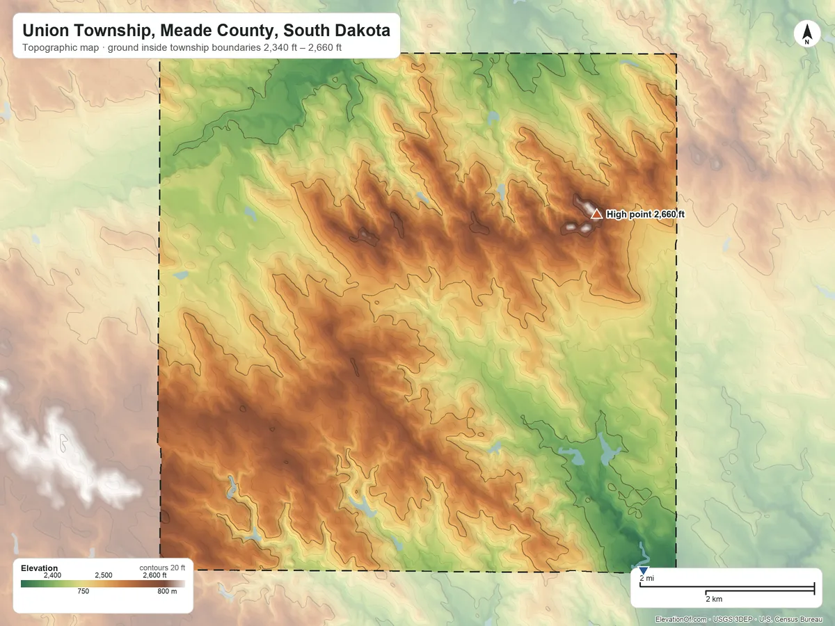 Topographic elevation map of Union Township, Meade County, South Dakota, shaded from 2,340 ft on the southeast side to 2,660 ft on the east side
