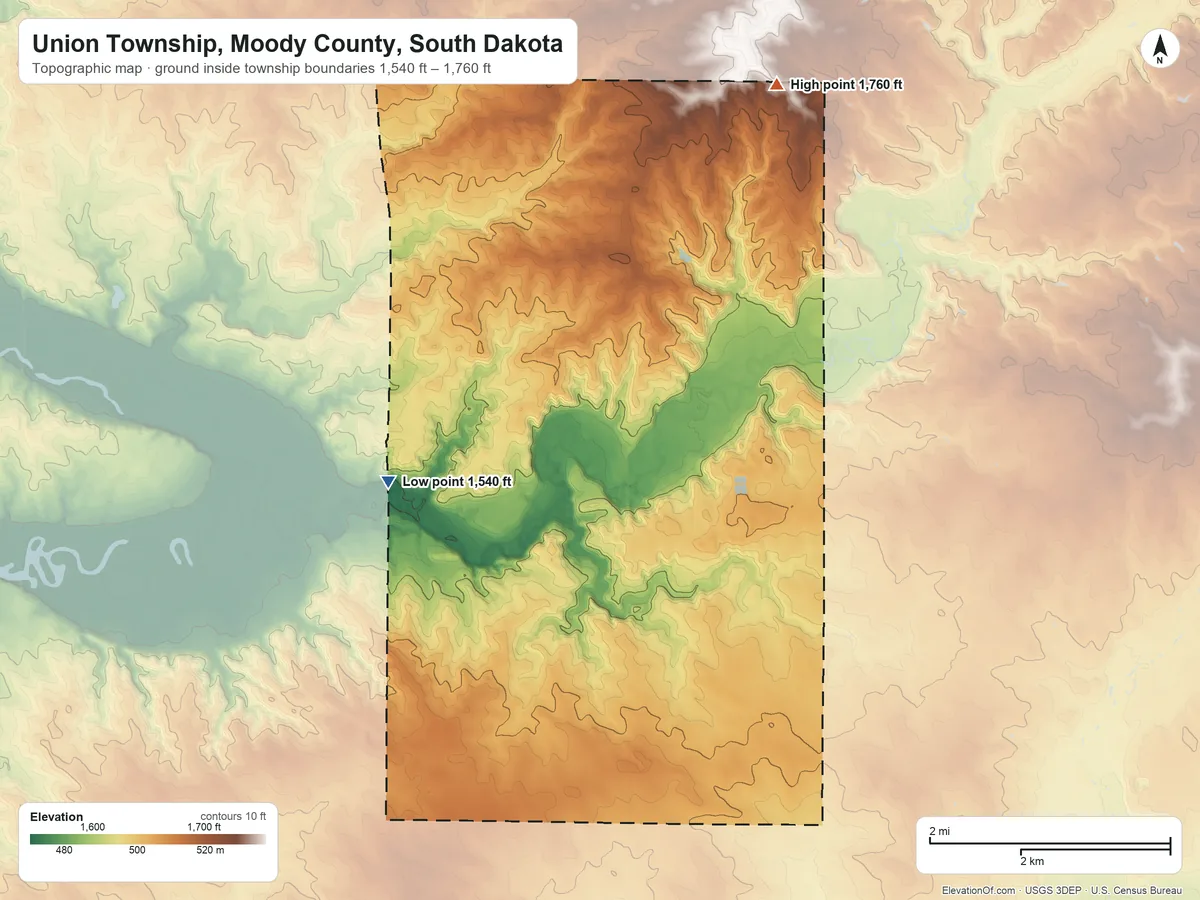 Topographic elevation map of Union Township, Moody County, South Dakota, shaded from 1,540 ft on the west side to 1,760 ft on the northeast side
