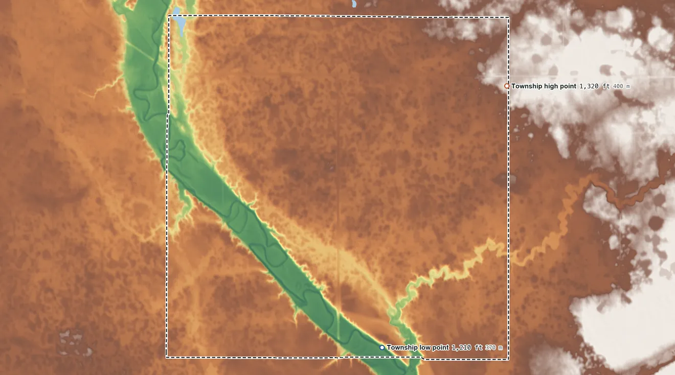 Topographic elevation map of Union Township, Sanborn County, South Dakota, shaded from 1,210 ft on the south side to 1,320 ft on the east side