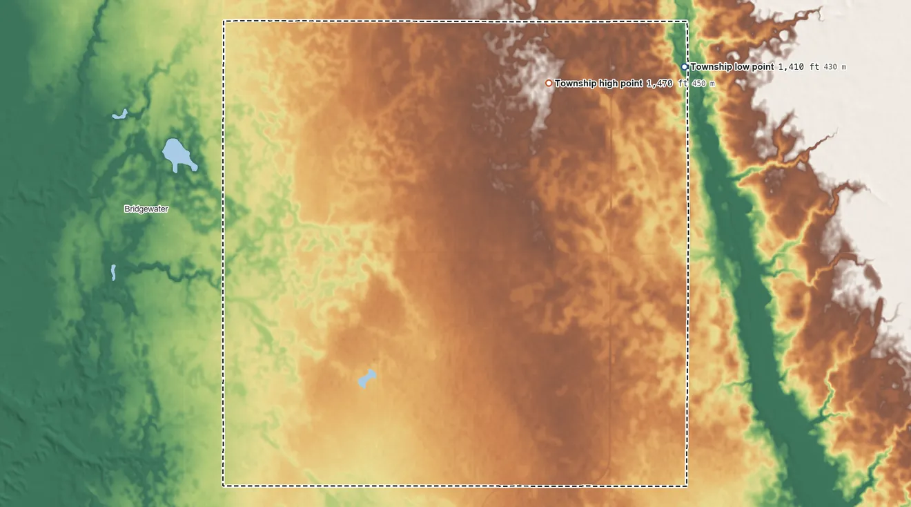 Topographic elevation map of Union Township, South Dakota, shaded from 1,410 ft on the northeast side to 1,470 ft on the north side