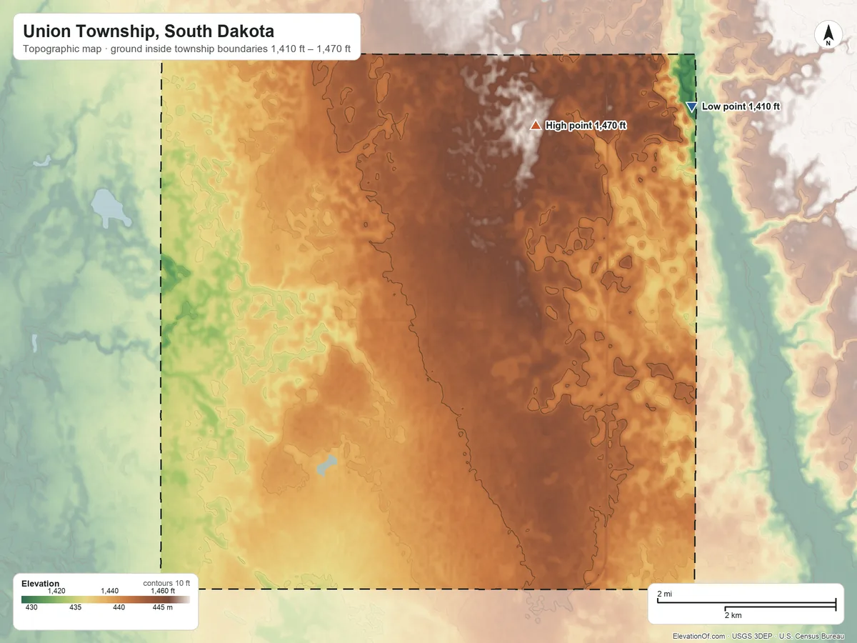 Topographic elevation map of Union Township, South Dakota, shaded from 1,410 ft on the northeast side to 1,470 ft on the north side