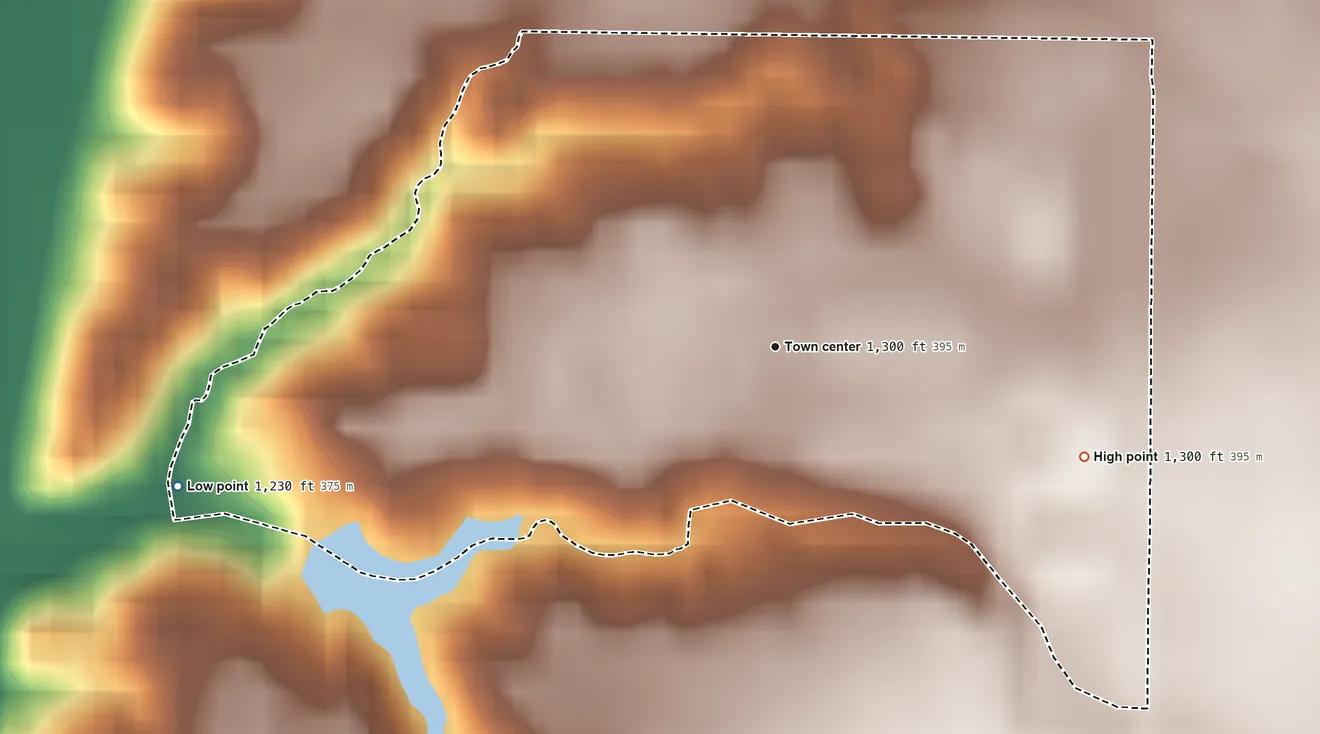 Topographic elevation map of Upland Colony, South Dakota, shaded from 1,230 ft on the west side to 1,300 ft on the east side