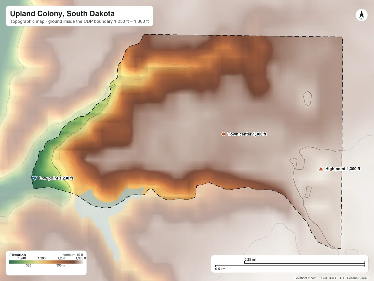 Topographic elevation map of Upland Colony, South Dakota, shaded from 1,230 ft on the west side to 1,300 ft on the east side