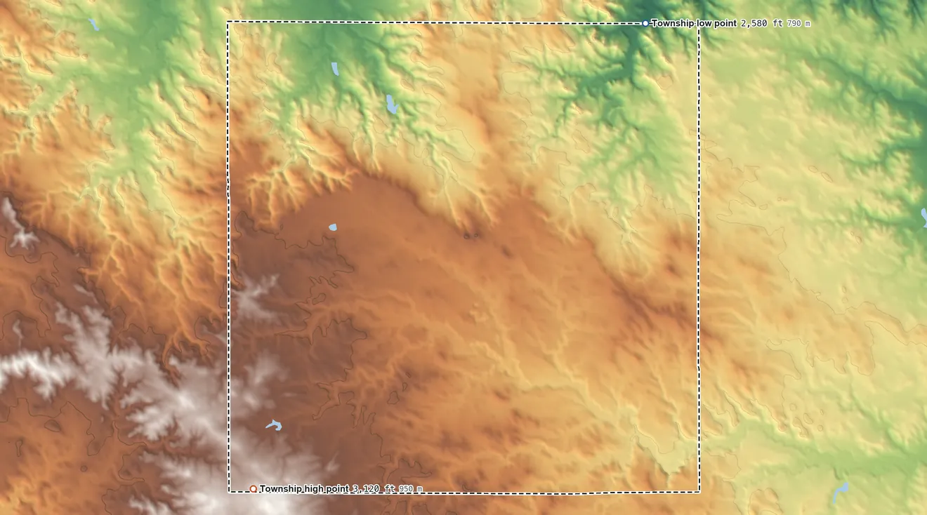 Topographic elevation map of Upper Red Owl Township, South Dakota, shaded from 2,580 ft on the northeast side to 3,120 ft on the southwest side