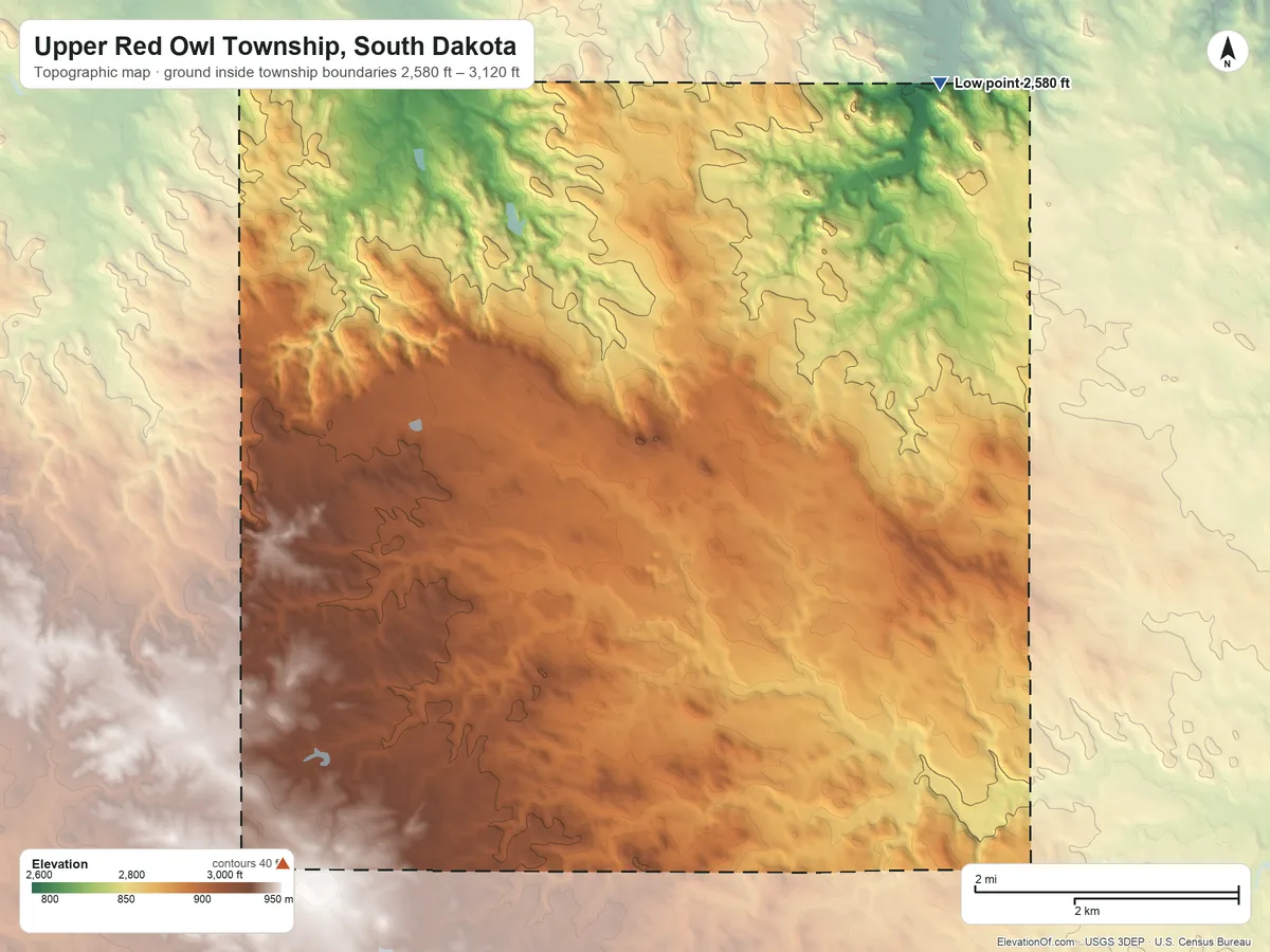 Topographic elevation map of Upper Red Owl Township, South Dakota, shaded from 2,580 ft on the northeast side to 3,120 ft on the southwest side
