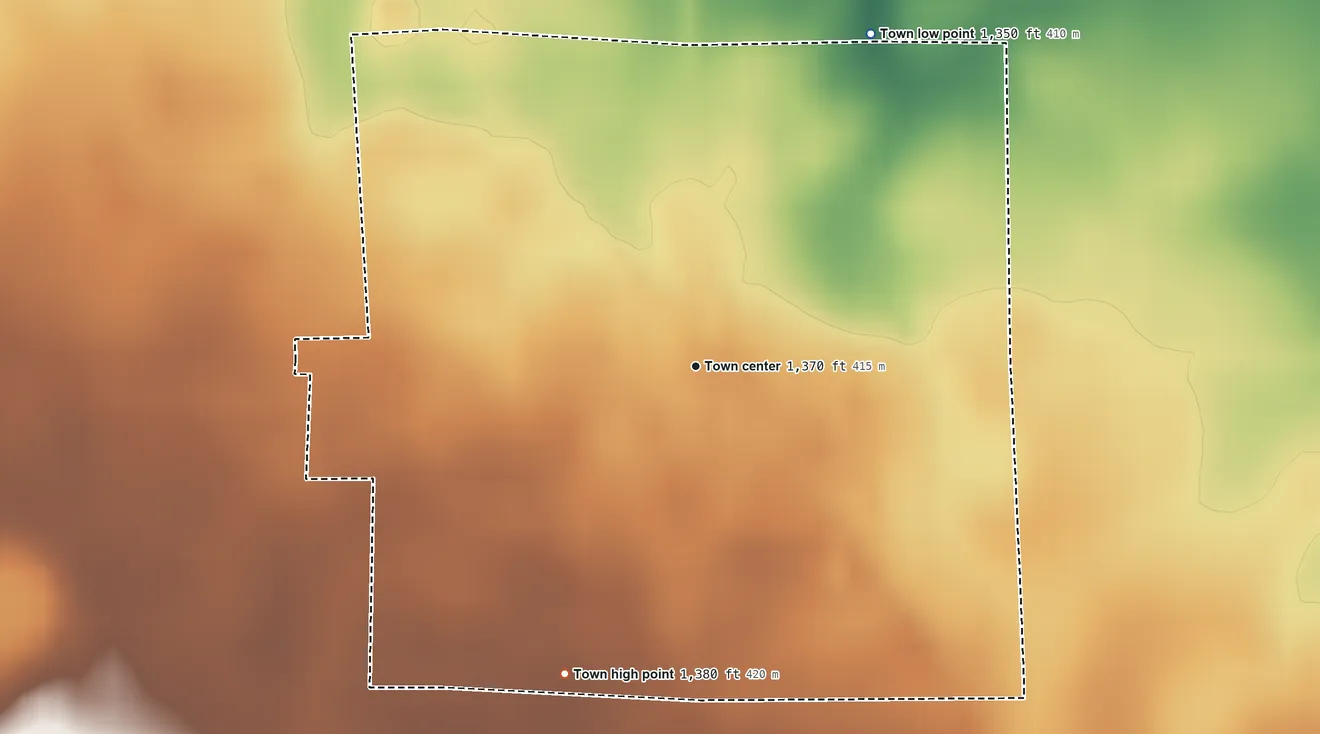 Topographic elevation map of Utica, South Dakota, shaded from 1,350 ft on the northeast side to 1,380 ft on the southwest side