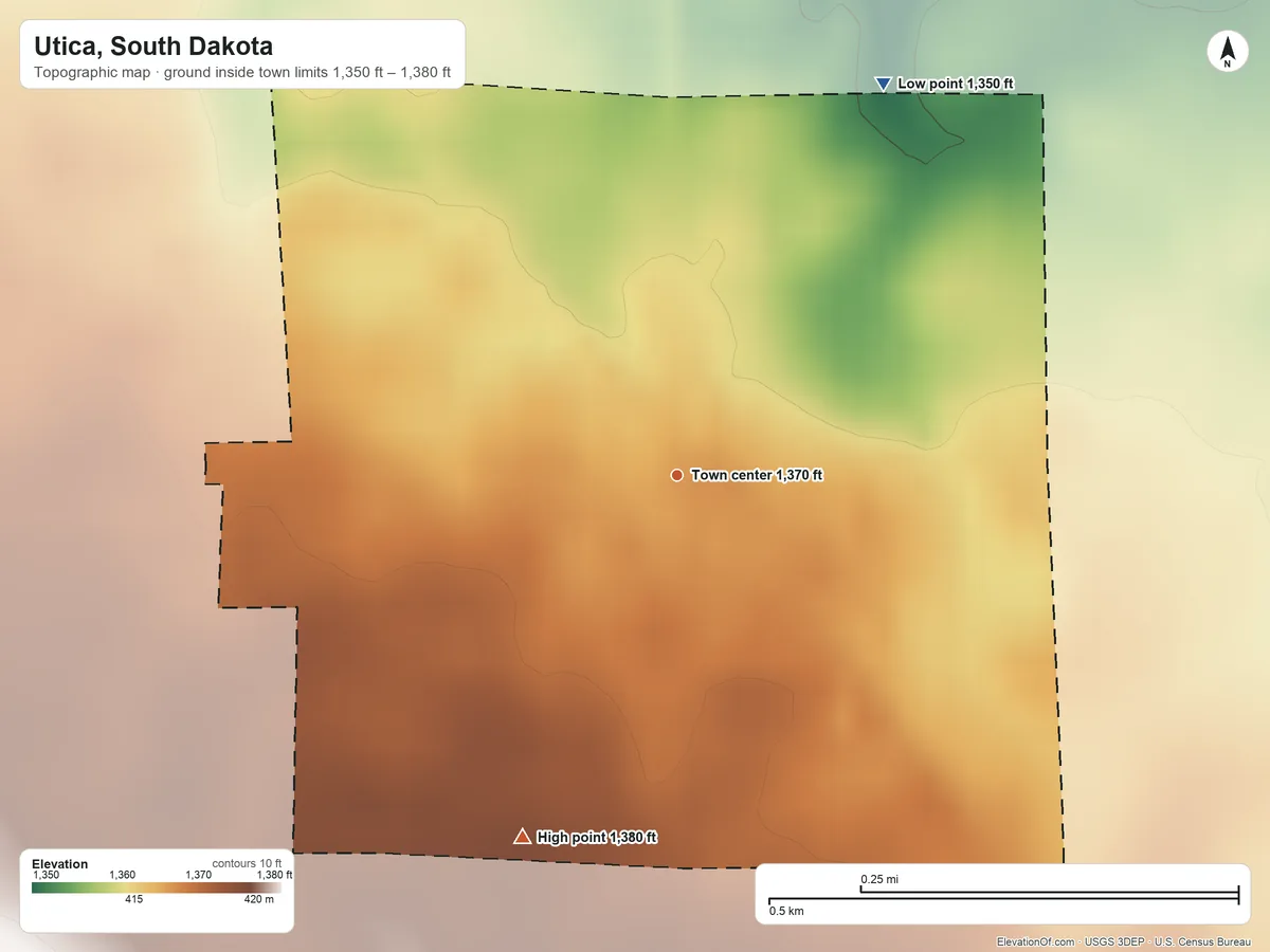 Topographic elevation map of Utica, South Dakota, shaded from 1,350 ft on the northeast side to 1,380 ft on the southwest side