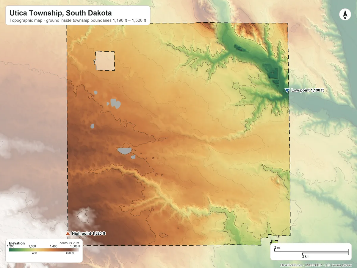 Topographic elevation map of Utica Township, South Dakota, shaded from 1,190 ft on the northeast side to 1,520 ft on the west side