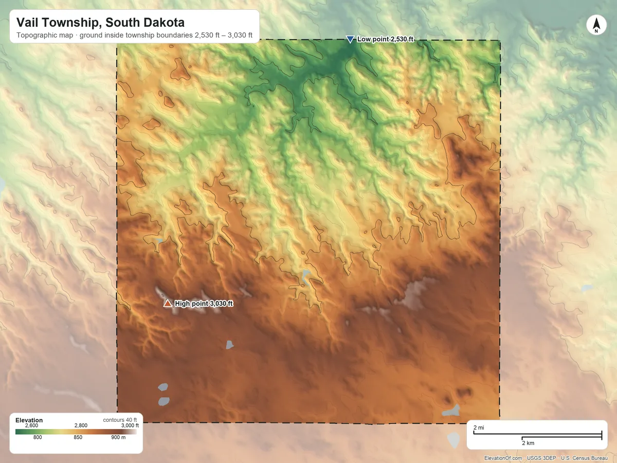 Topographic elevation map of Vail Township, South Dakota, shaded from 2,530 ft on the northeast side to 3,030 ft on the south side
