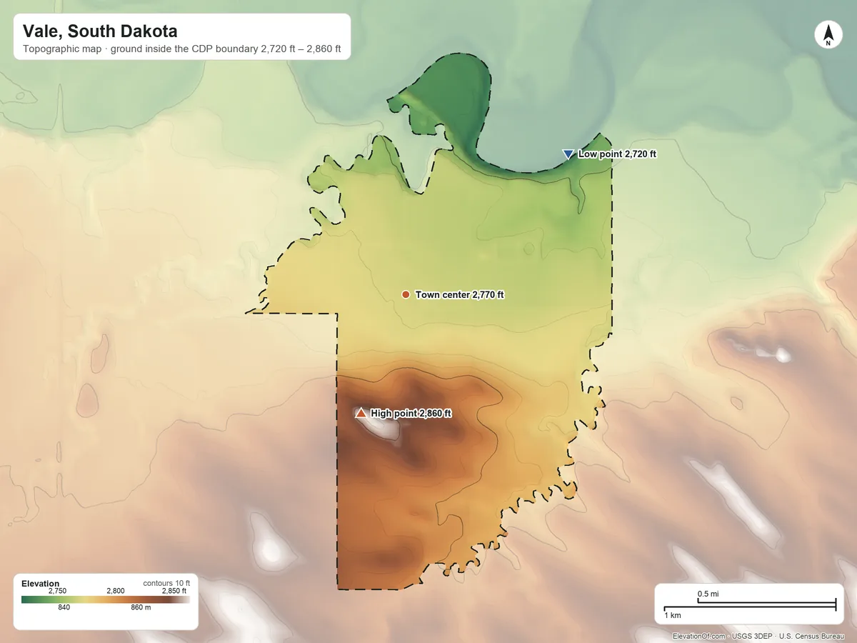 Topographic elevation map of Vale, South Dakota, shaded from 2,720 ft on the northeast side to 2,860 ft on the south side